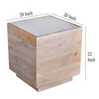 Oaz Side End Table, 20 Inch Square Marble Top, Mango Wood, Oak White -BM333389