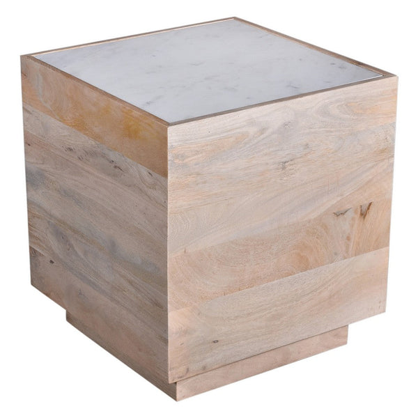 Oaz Side End Table, 20 Inch Square Marble Top, Mango Wood, Oak White -BM333389