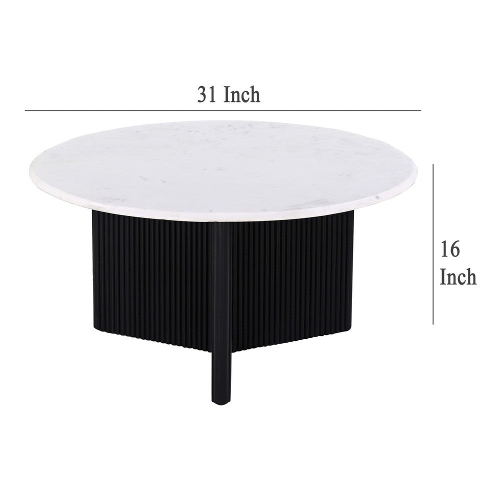 Pryz Coffee Table, 31 Inch Marble Top, Mango Wood, Black Pedestal -BM333392