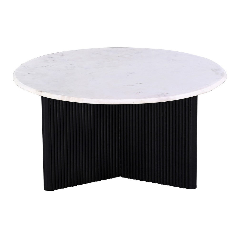 Pryz Coffee Table, 31 Inch Marble Top, Mango Wood, Black Pedestal -BM333392