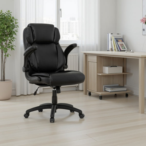 Sely Rolling Office Chair, 42 Inch Adjustable Height, Black Leather -BM333395