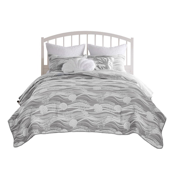 Doz 3pc Queen Size Coverlet Set, Coastal Matelasse, Harbor Gray, White -BM333408