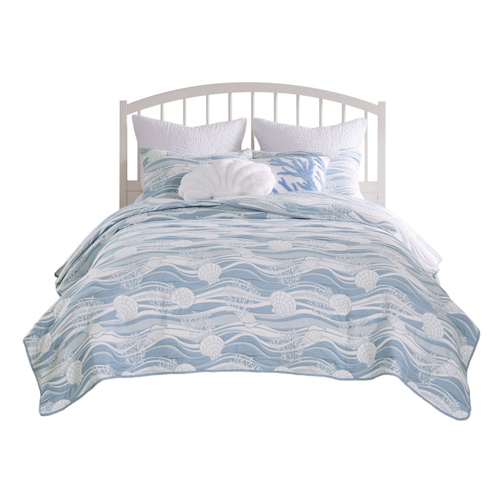 Doz 3pc Queen Size Coverlet Set, Coastal Matelasse, Tidal Blue, White -BM333411