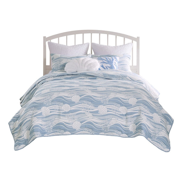 Doz 3pc Queen Size Coverlet Set, Coastal Matelasse, Tidal Blue, White -BM333411