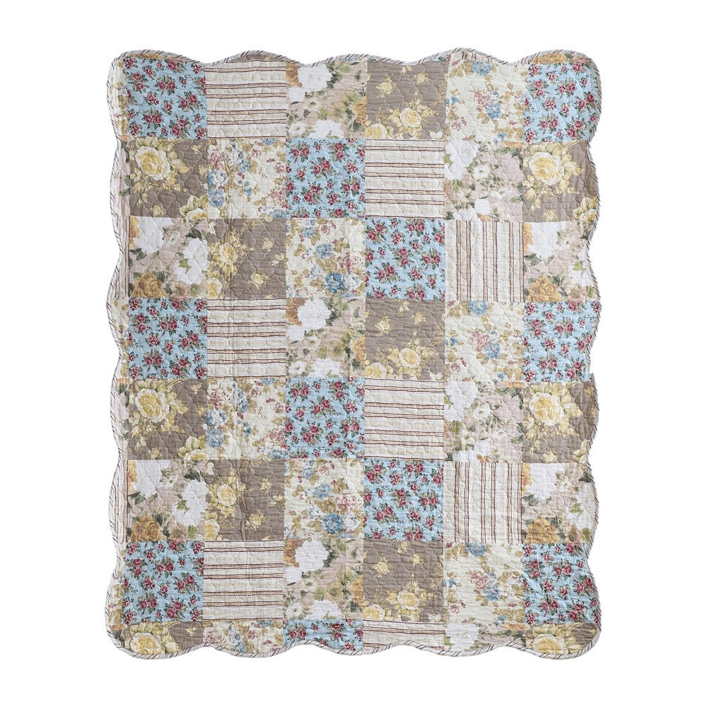 Ciny 50x60 Quilted Throw Blanket, Blue, Brown, and Yellow Floral Print -BM333413