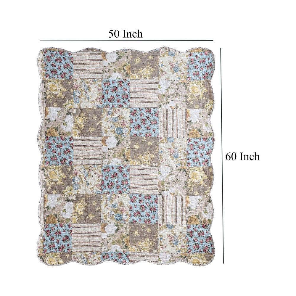 Ciny 50x60 Quilted Throw Blanket, Blue, Brown, and Yellow Floral Print -BM333413