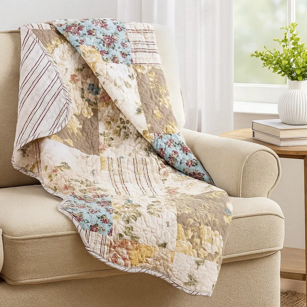 Ciny 50x60 Quilted Throw Blanket, Blue, Brown, and Yellow Floral Print -BM333413