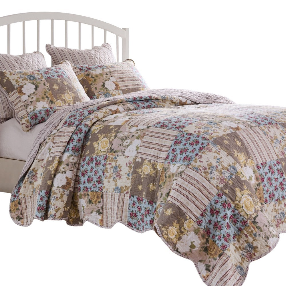 Ciny 2pc Twin Size Quilt Set, Blue, Brown, and Yellow Floral Print -BM333414