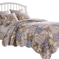 Ciny 2pc Twin Size Quilt Set, Blue, Brown, and Yellow Floral Print -BM333414