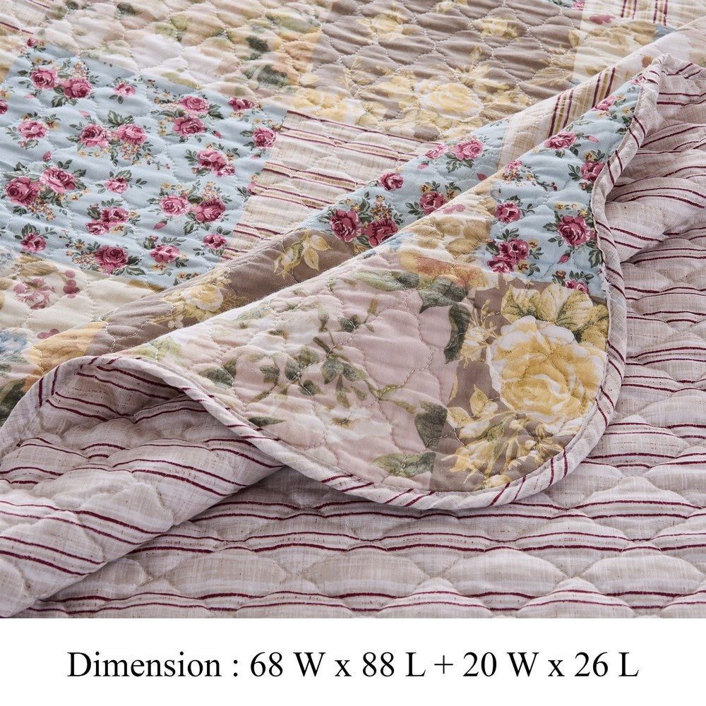 Ciny 2pc Twin Size Quilt Set, Blue, Brown, and Yellow Floral Print -BM333414