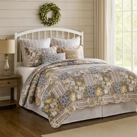 Ciny 2pc Twin Size Quilt Set, Blue, Brown, and Yellow Floral Print -BM333414