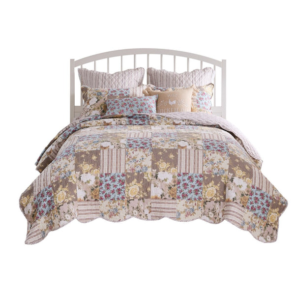 Ciny 2pc Twin Size Quilt Set, Blue, Brown, and Yellow Floral Print -BM333414
