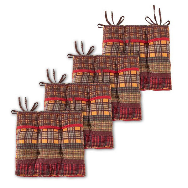 Glor 4pc Chair Seat Pad Set, Triple Cushion, Red Gold Sage Green Plaid -BM333415