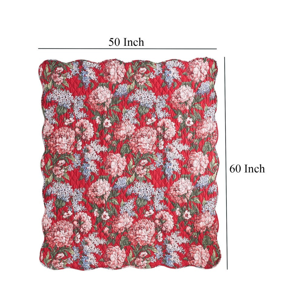 Milz 50x60 Quilted Throw Blanket, Cotton, Polyester, Red Floral Print -BM333418