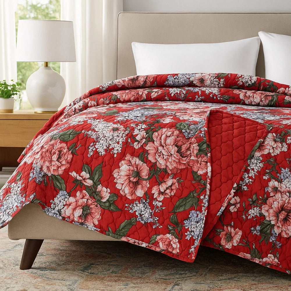 Milz 50x60 Quilted Throw Blanket, Cotton, Polyester, Red Floral Print -BM333418