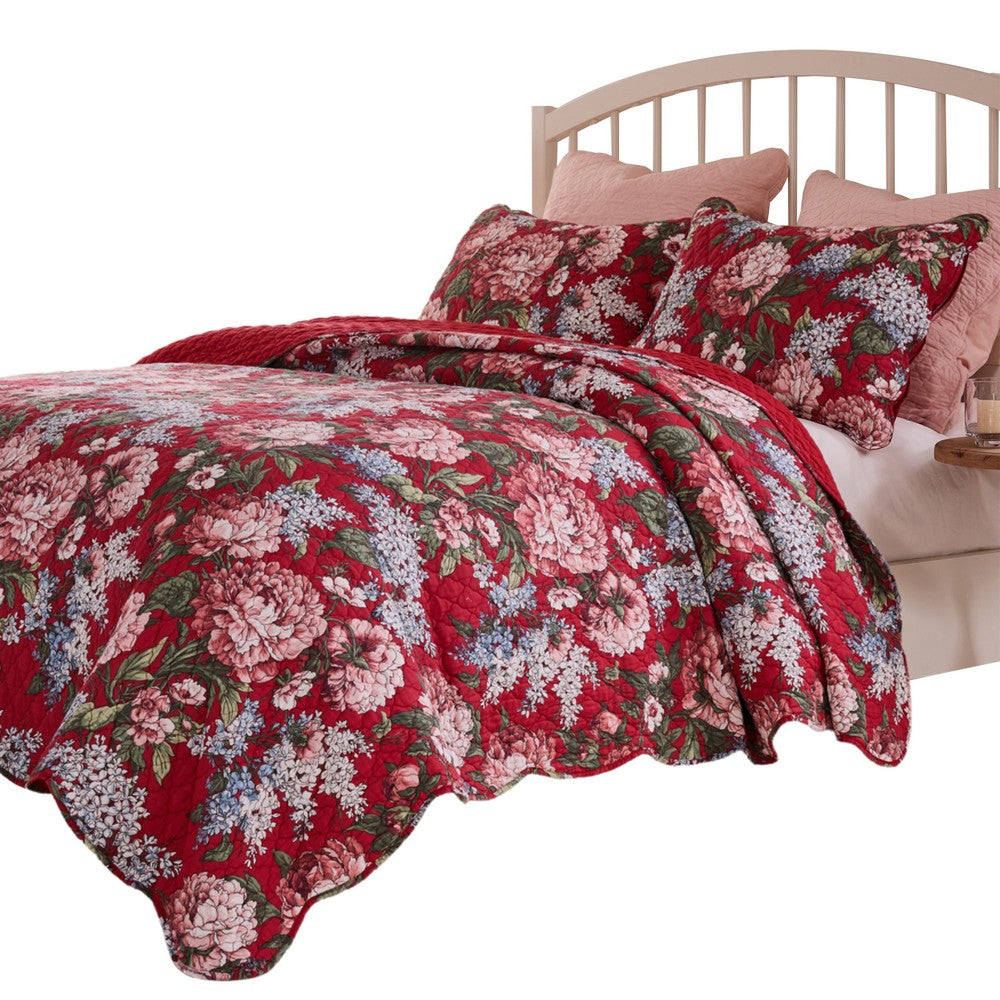 Milz 2pc Twin Size Quilt Set, Cotton, Polyester, Garnet Red Florals -BM333419