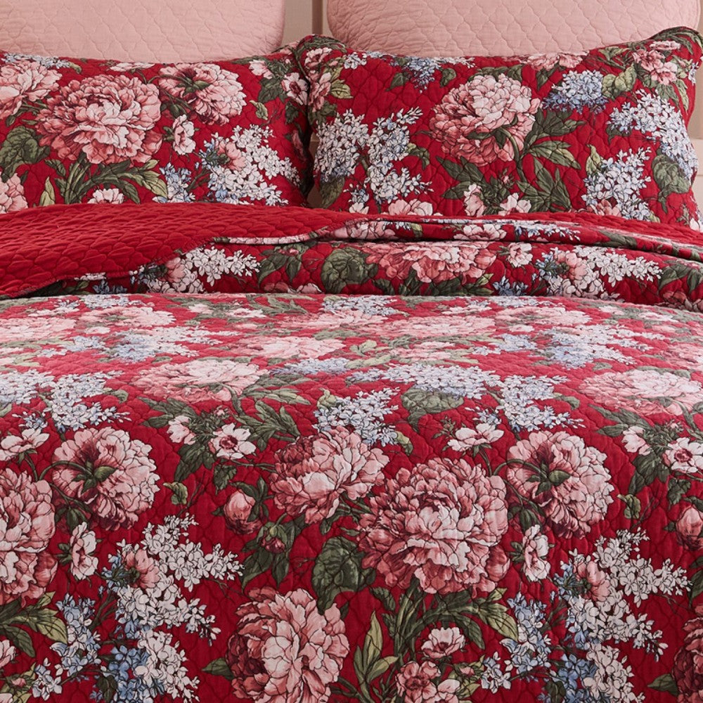 Milz 2pc Twin Size Quilt Set, Cotton, Polyester, Garnet Red Florals -BM333419