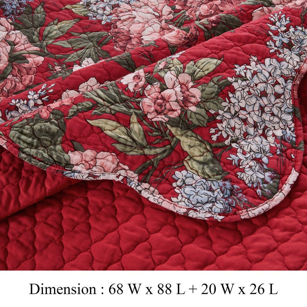Milz 2pc Twin Size Quilt Set, Cotton, Polyester, Garnet Red Florals -BM333419