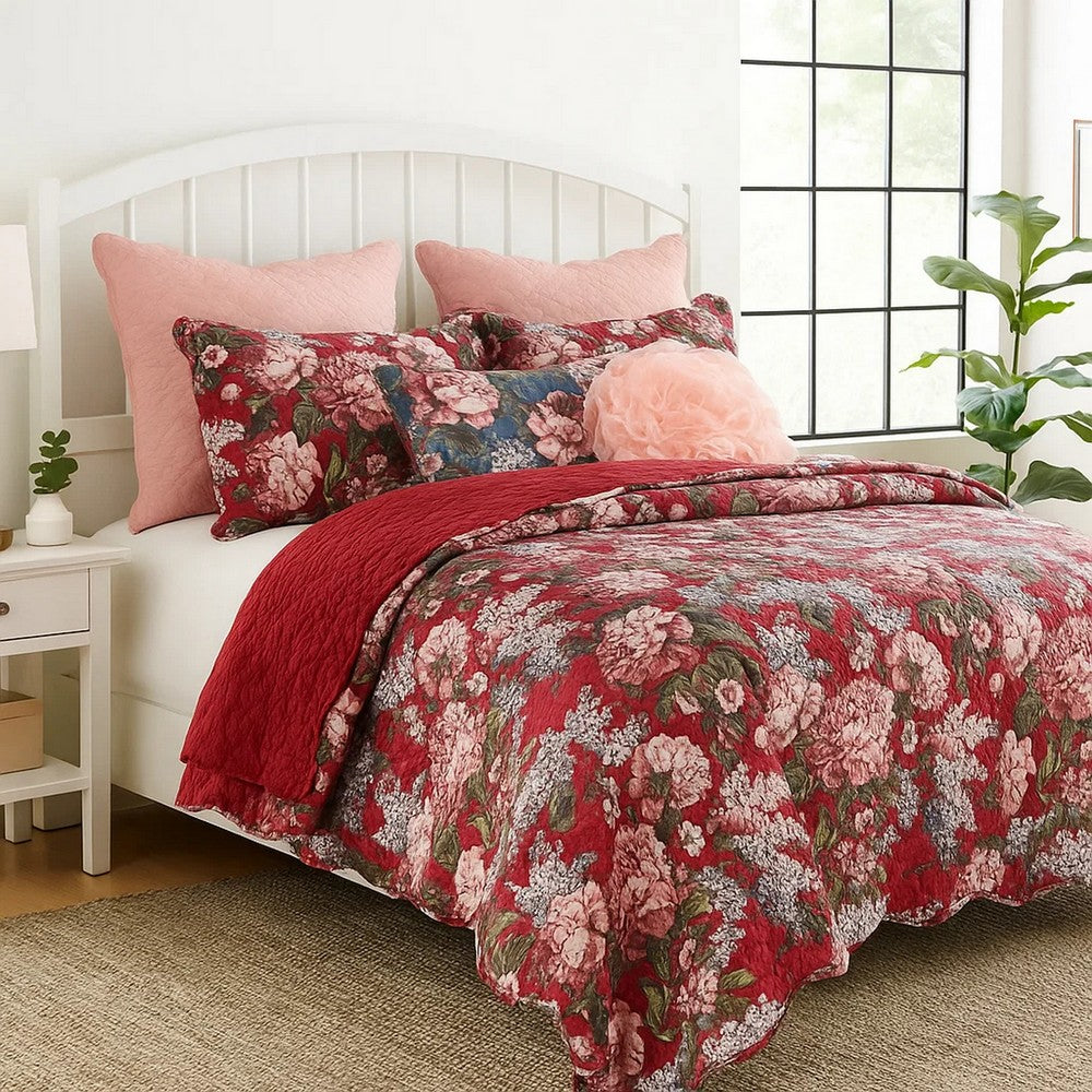Milz 2pc Twin Size Quilt Set, Cotton, Polyester, Garnet Red Florals -BM333419