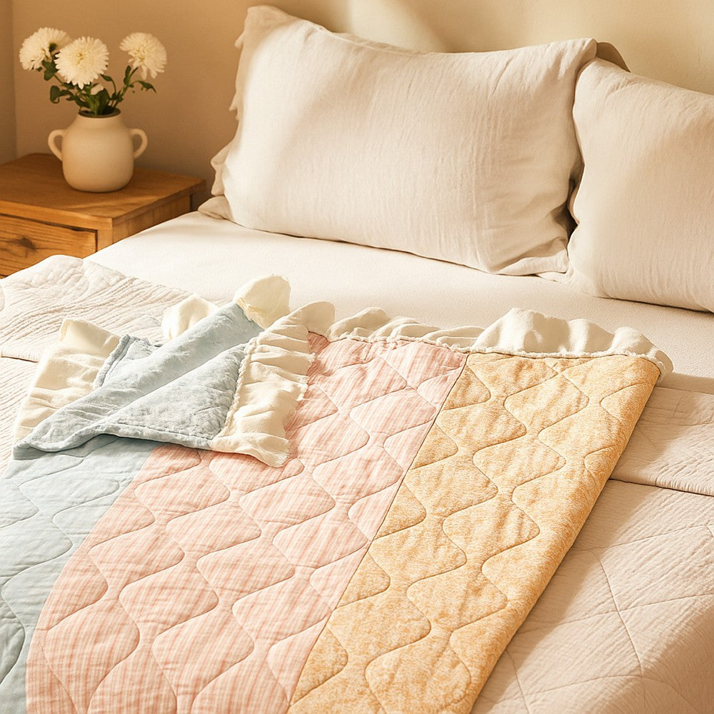 Tisy 50x60 Ruffle Throw Blanket, Cotton, Polyester, Pastel Stripes -BM333420