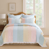 Tisy 2pc Twin Size Quilt Set, Cotton, Polyester, Pastel Color Stripes -BM333421