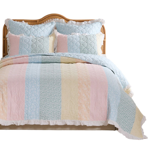 Tisy 2pc Twin Size Quilt Set, Cotton, Polyester, Pastel Color Stripes -BM333421