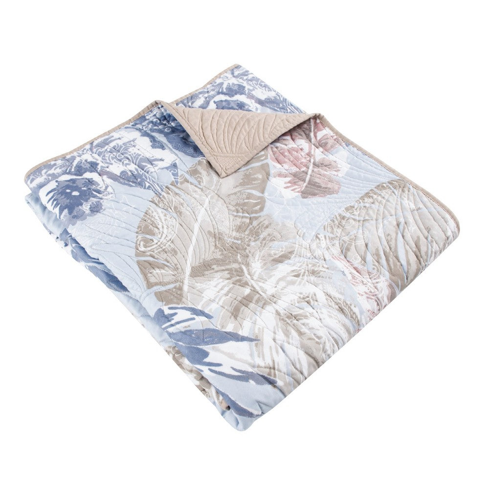 Heli 50x60 Quilted Throw Blanket, Blue Pink, Khaki Tropical Print -BM333422
