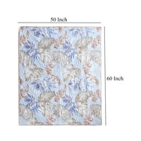Heli 50x60 Quilted Throw Blanket, Blue Pink, Khaki Tropical Print -BM333422
