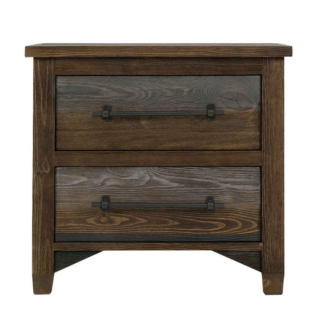 Tinaa Nightstand, 2 Drawers, Metal Handles, Brown Pine Wood, 28 Inch -BM333431