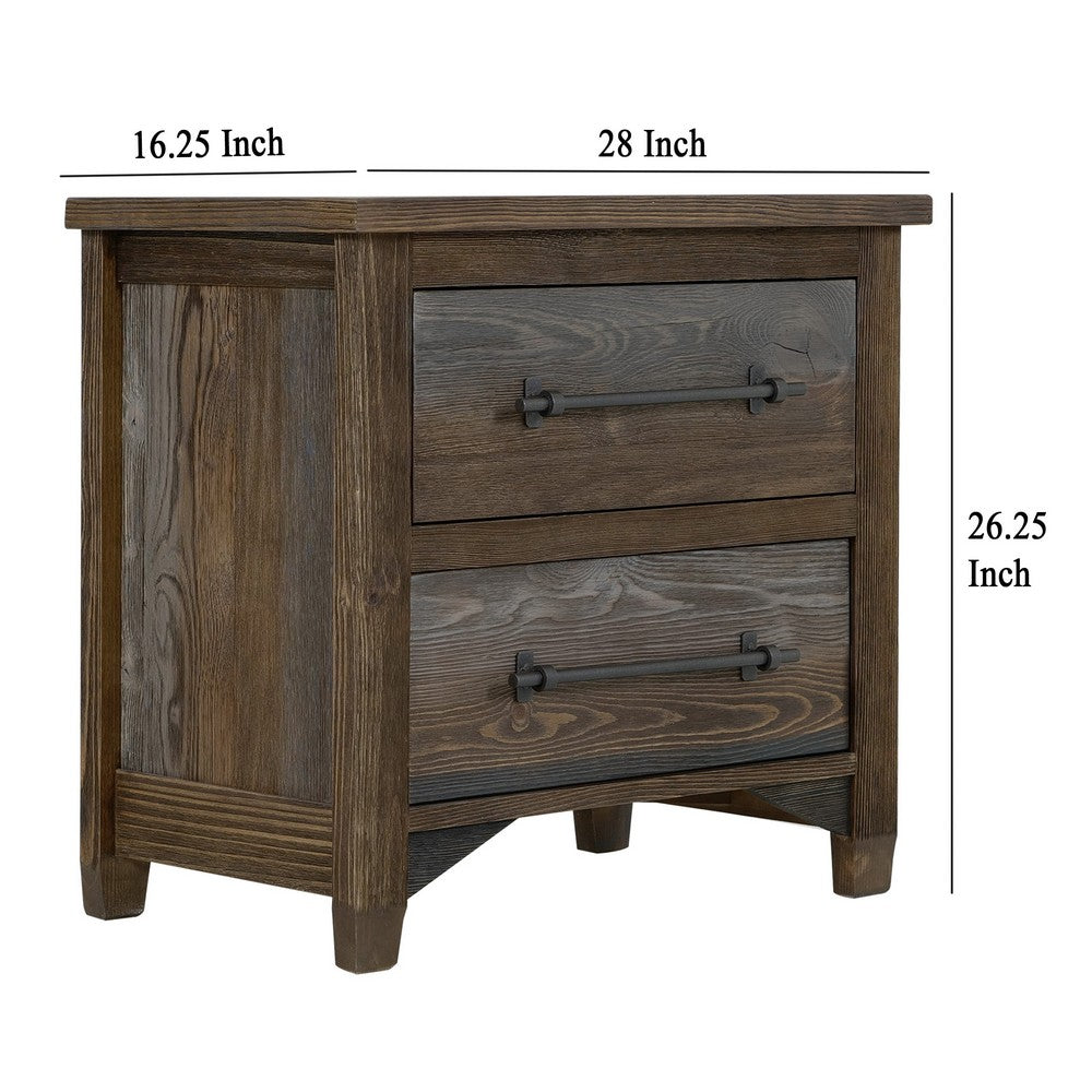 Tinaa Nightstand, 2 Drawers, Metal Handles, Brown Pine Wood, 28 Inch -BM333431