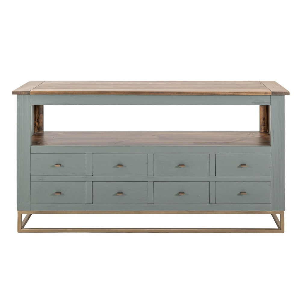 Timmy Sofa Table, 8 Drawers, 1 Shelf, Sage Green Pine Wood, 55 Inch -BM333440