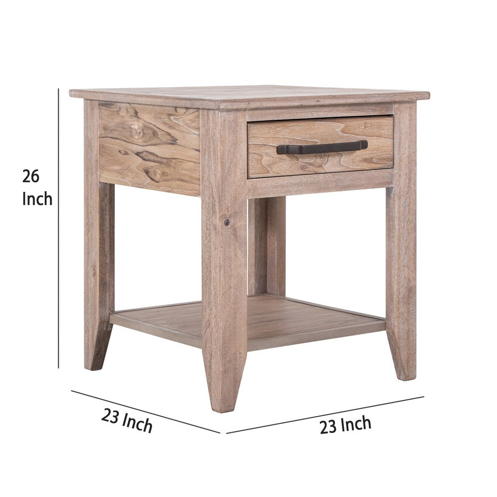 Rima Side End Table, 1 Drawer, Shelf, Natural Teak Brown Mango 23 Inch -BM333464