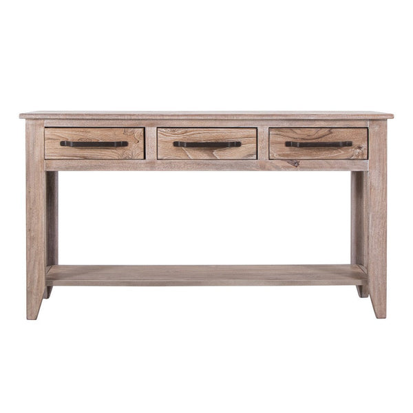 Rima Sofa Console Table, 3 Drawers, Shelf, Natural Teak Brown 54 Inch -BM333466