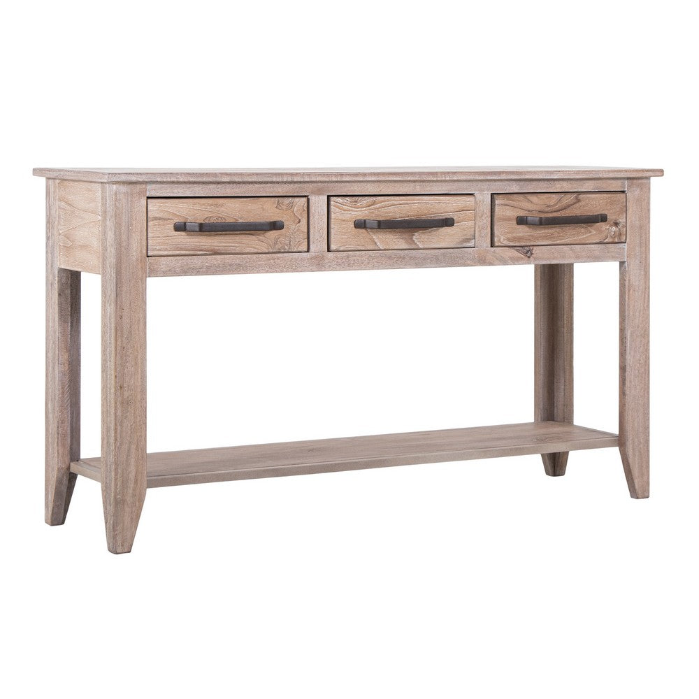 Rima Sofa Console Table, 3 Drawers, Shelf, Natural Teak Brown 54 Inch -BM333466