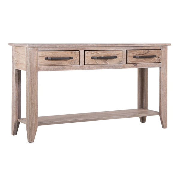 Rima Sofa Console Table, 3 Drawers, Shelf, Natural Teak Brown 54 Inch -BM333466