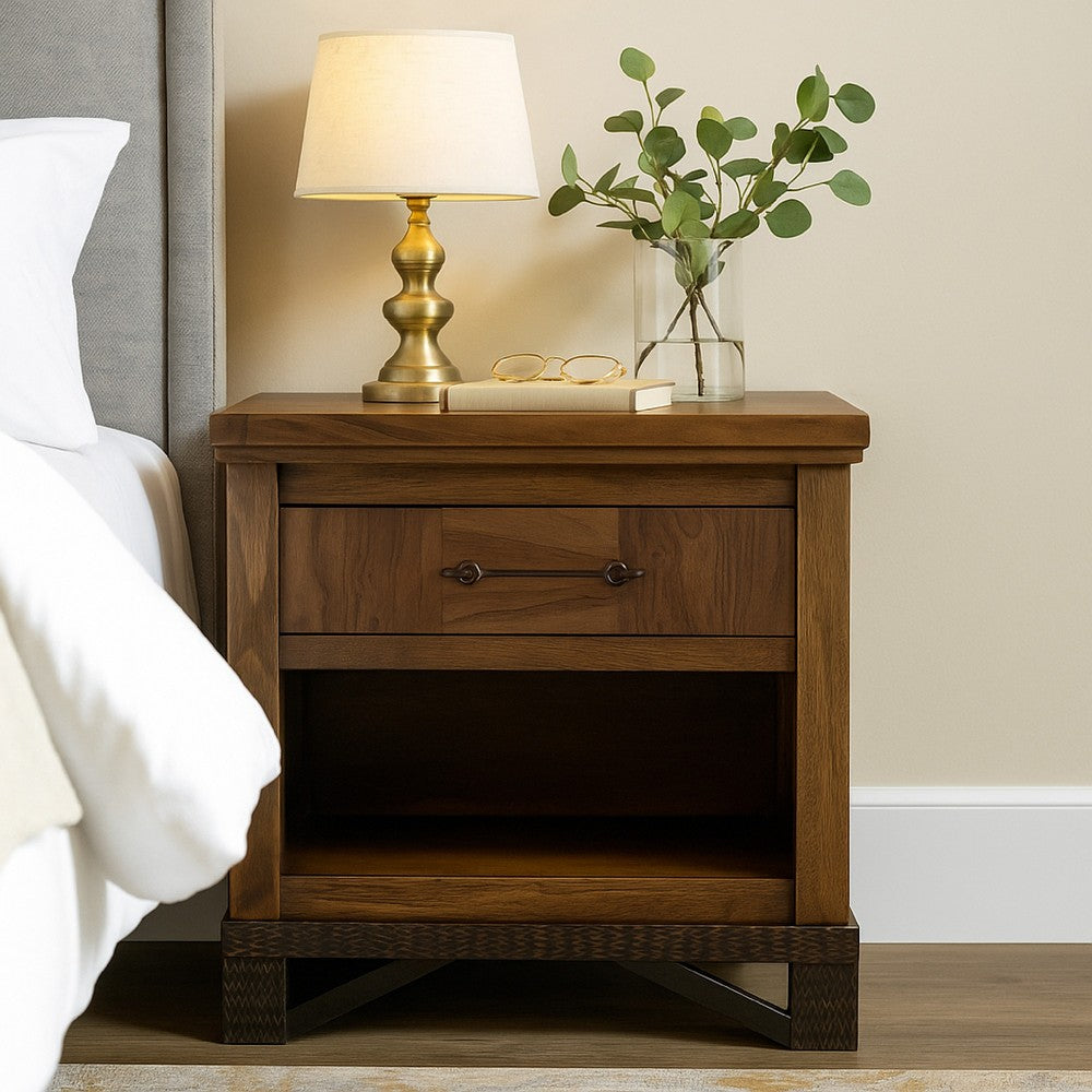 Ally Nightstand, 1 Drawer and Bottom Shelf, Walnut Brown Parota Wood -BM333485