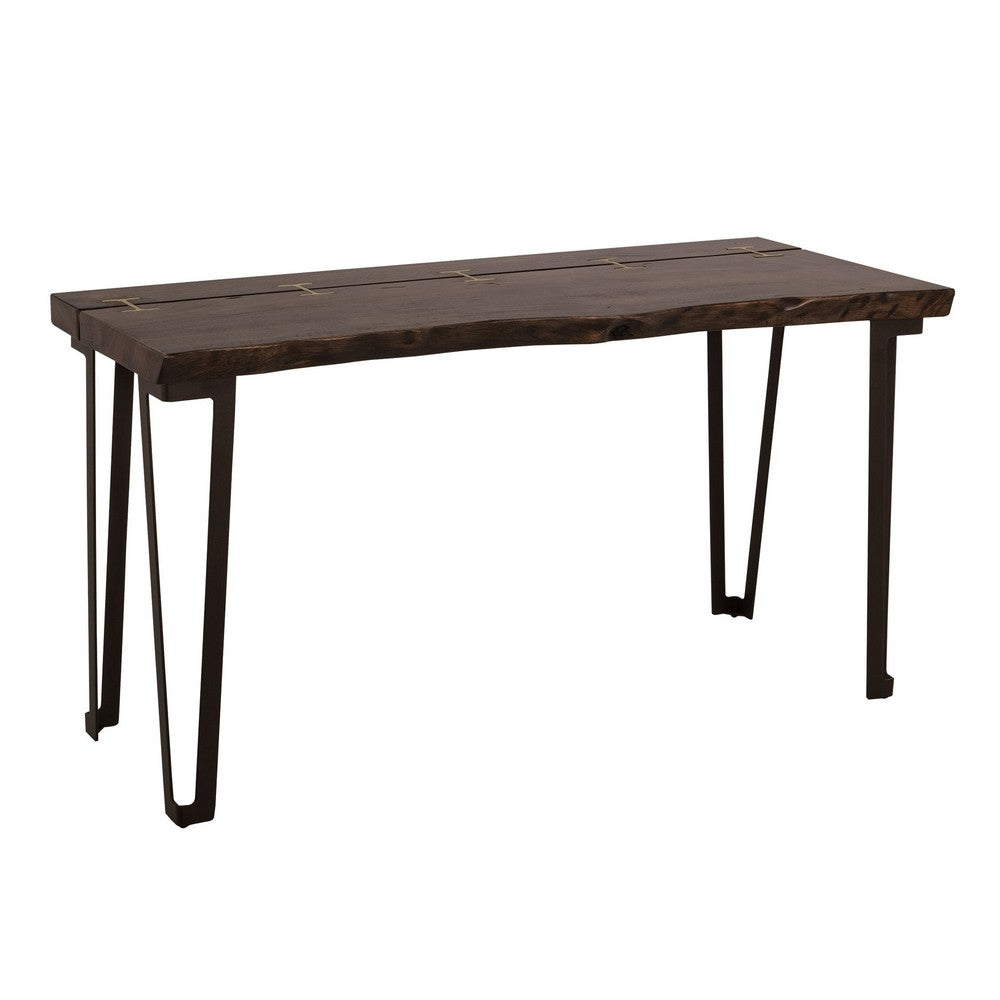 Ally Sofa Console Table, Gold Metal Inlays, Brown Parota Wood, 55 Inch -BM333486
