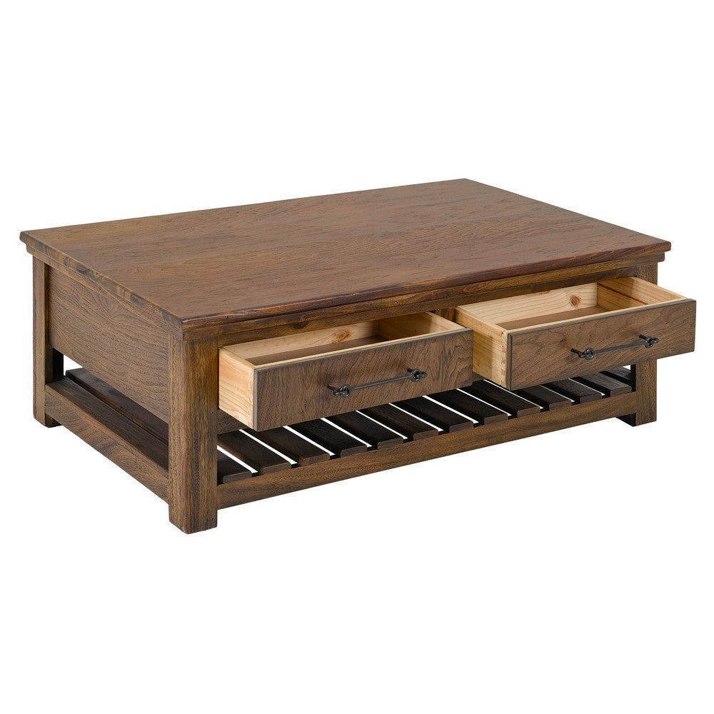 Ally Cocktail Coffee Table, 4 Drawers Shelf, Brown Parota Wood 50 Inch -BM333488