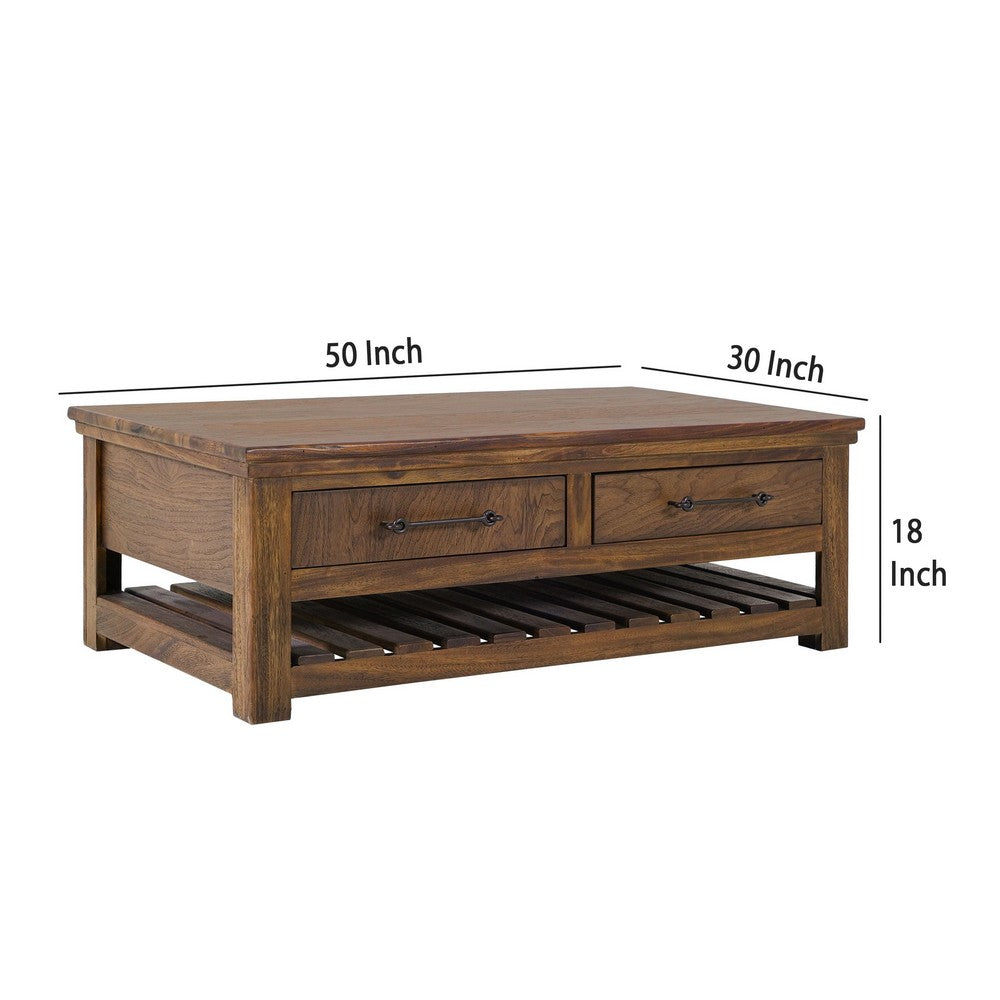 Ally Cocktail Coffee Table, 4 Drawers Shelf, Brown Parota Wood 50 Inch -BM333488