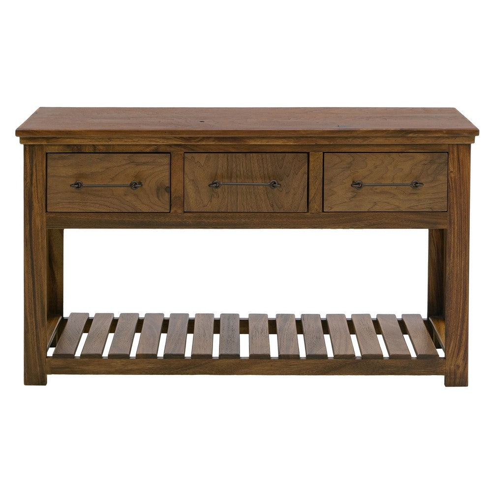 Ally Sofa Console Table, 3 Drawers, Slatted Shelf, Brown Wood, 54 Inch -BM333491