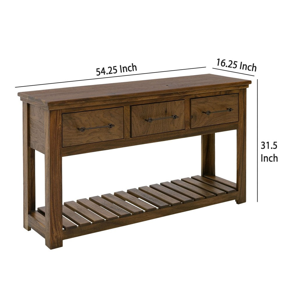 Ally Sofa Console Table, 3 Drawers, Slatted Shelf, Brown Wood, 54 Inch -BM333491