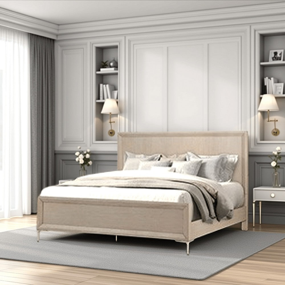 Kaira Queen Size Bed with Metal Accents, Natural Oak Solid Rubberwood - BM333555