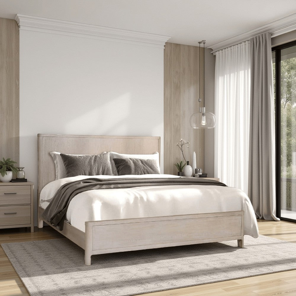 Reham Queen Size Bed, Rounded Edges, White Wash Brown Rubberwood Frame - BM333594