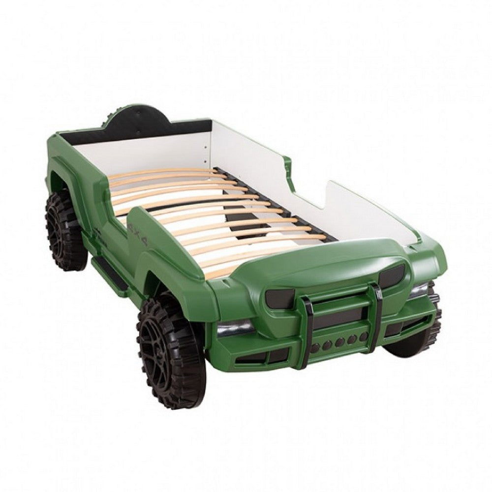 Randy SUV Twin Bed with Lights and Sound Effects, Green Faux Leather - BM333625