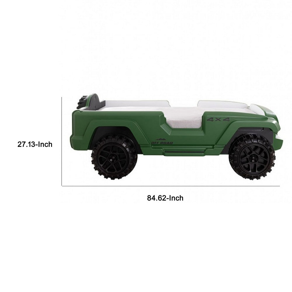 Randy SUV Twin Bed with Lights and Sound Effects, Green Faux Leather - BM333625