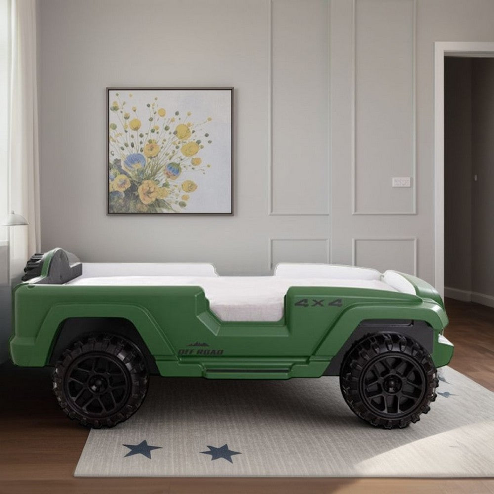 Randy SUV Twin Bed with Lights and Sound Effects, Green Faux Leather - BM333625