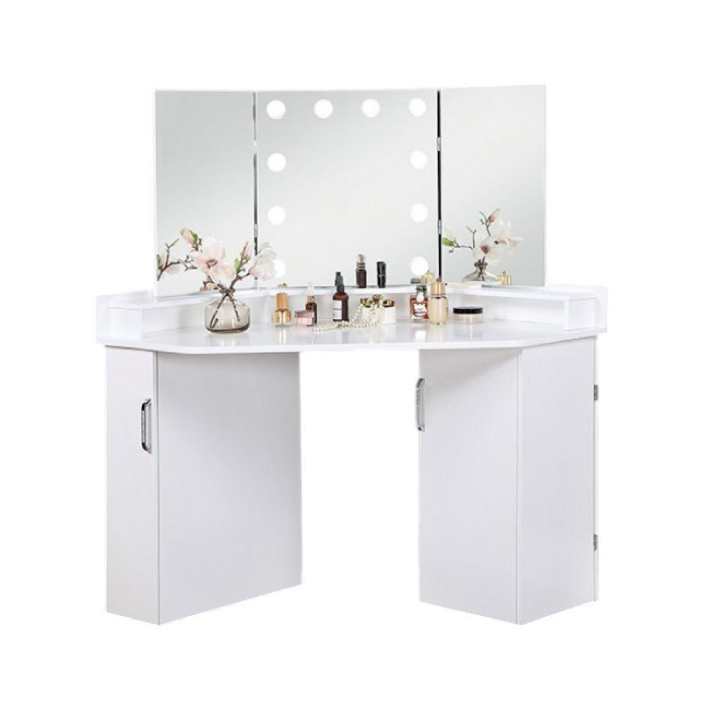 Laura Vanity Desk Set, 3 Panel Mirror, 10 Light Bulbs White Solid Wood - BM333629