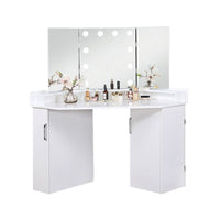 Laura Vanity Desk Set, 3 Panel Mirror, 10 Light Bulbs White Solid Wood - BM333629