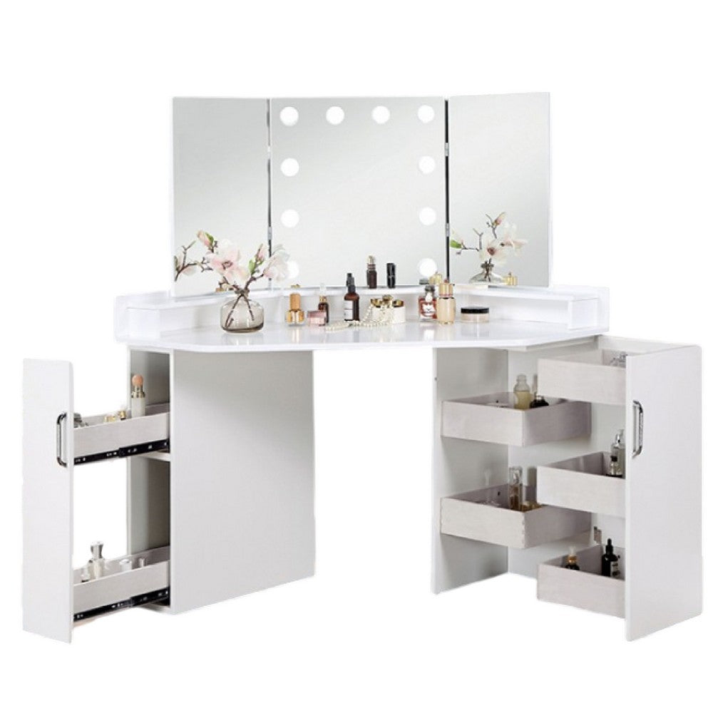 Laura Vanity Desk Set, 3 Panel Mirror, 10 Light Bulbs White Solid Wood - BM333629