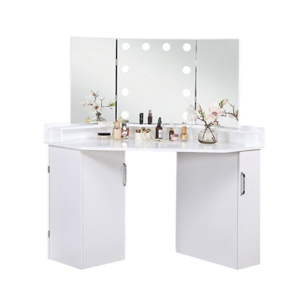 Laura Vanity Desk Set, 3 Panel Mirror, 10 Light Bulbs White Solid Wood - BM333629